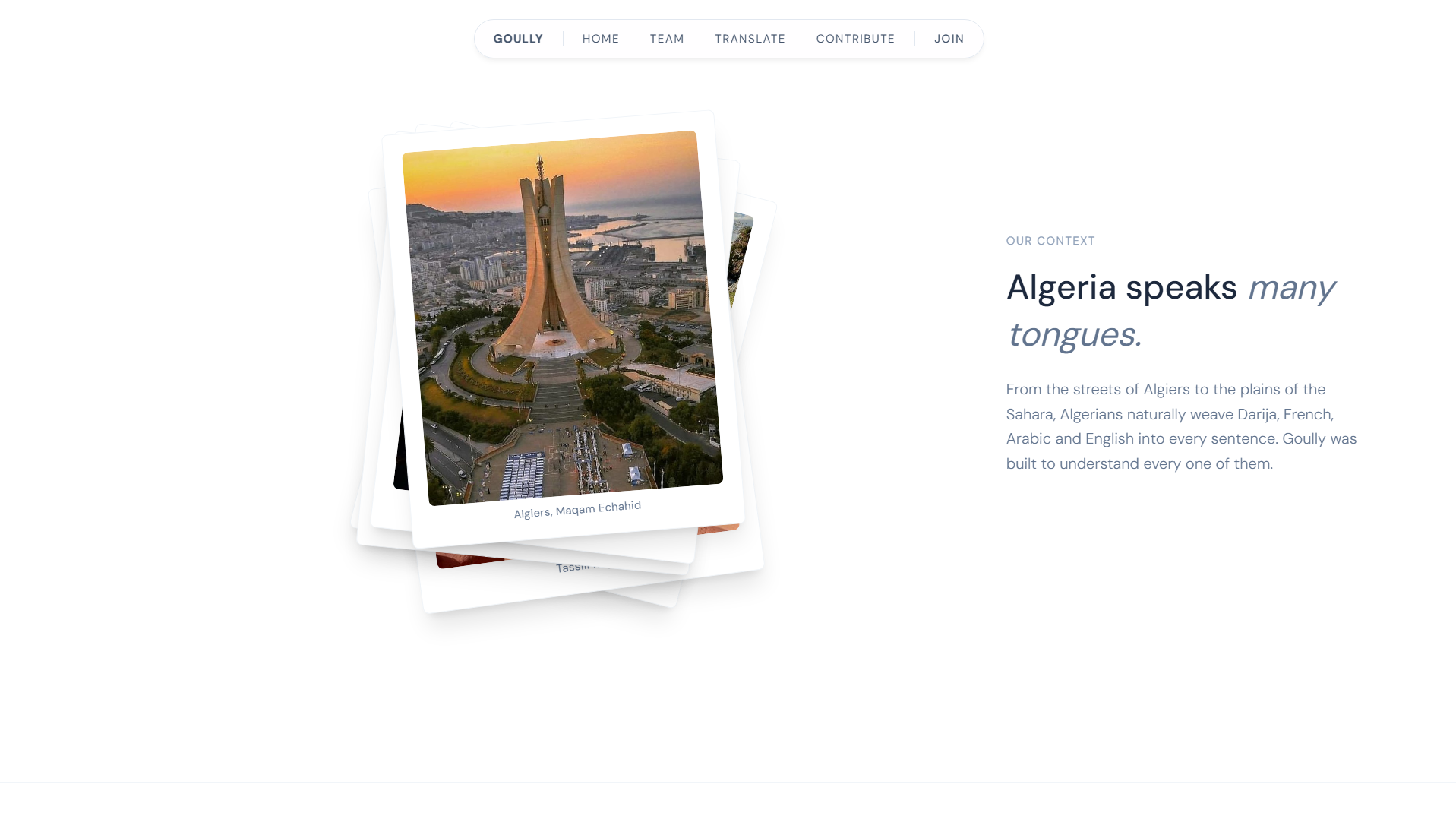 Goully landing page — Analyze Algerian code-switching hero screen